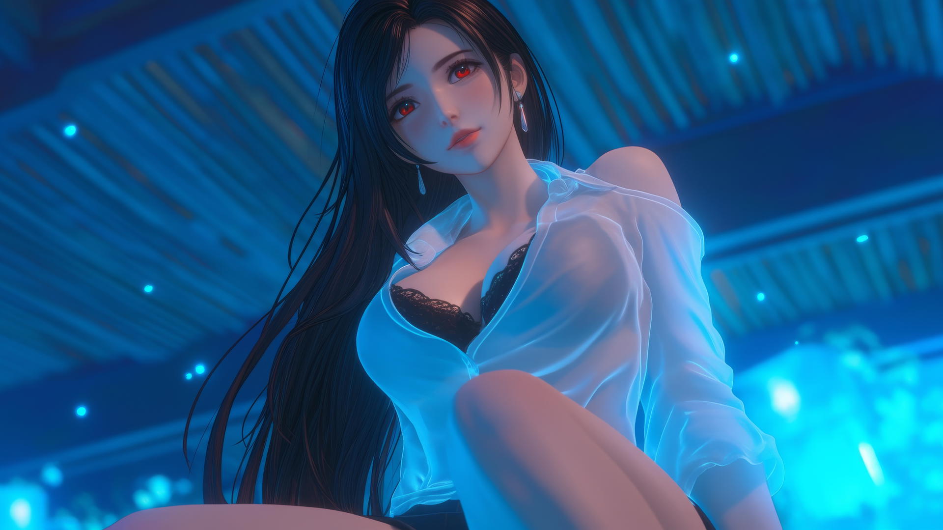 Tifa Lockhart kneeling in a modern hotel room, wearing a white office shirt, neon light casting a glow.