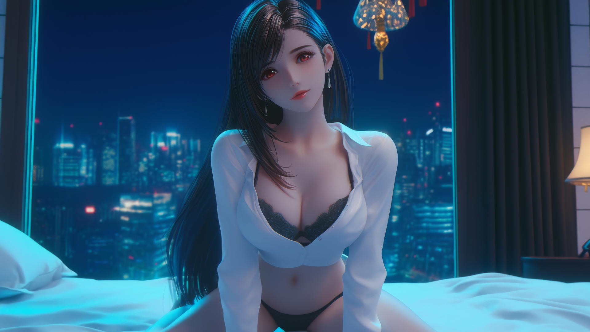 Tifa Lockhart kneeling in a modern hotel room, seen from below in a white office shirt