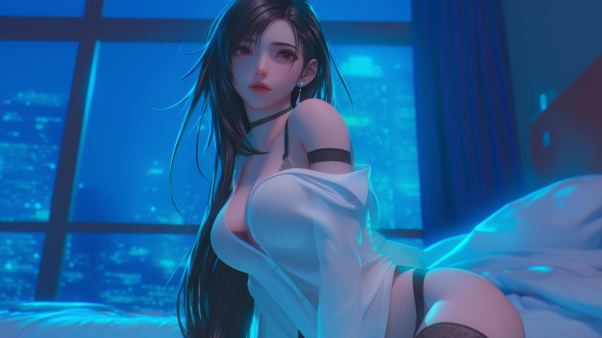 Tifa Lockhart kneeling, wearing a white office shirt, neon-lit hotel room