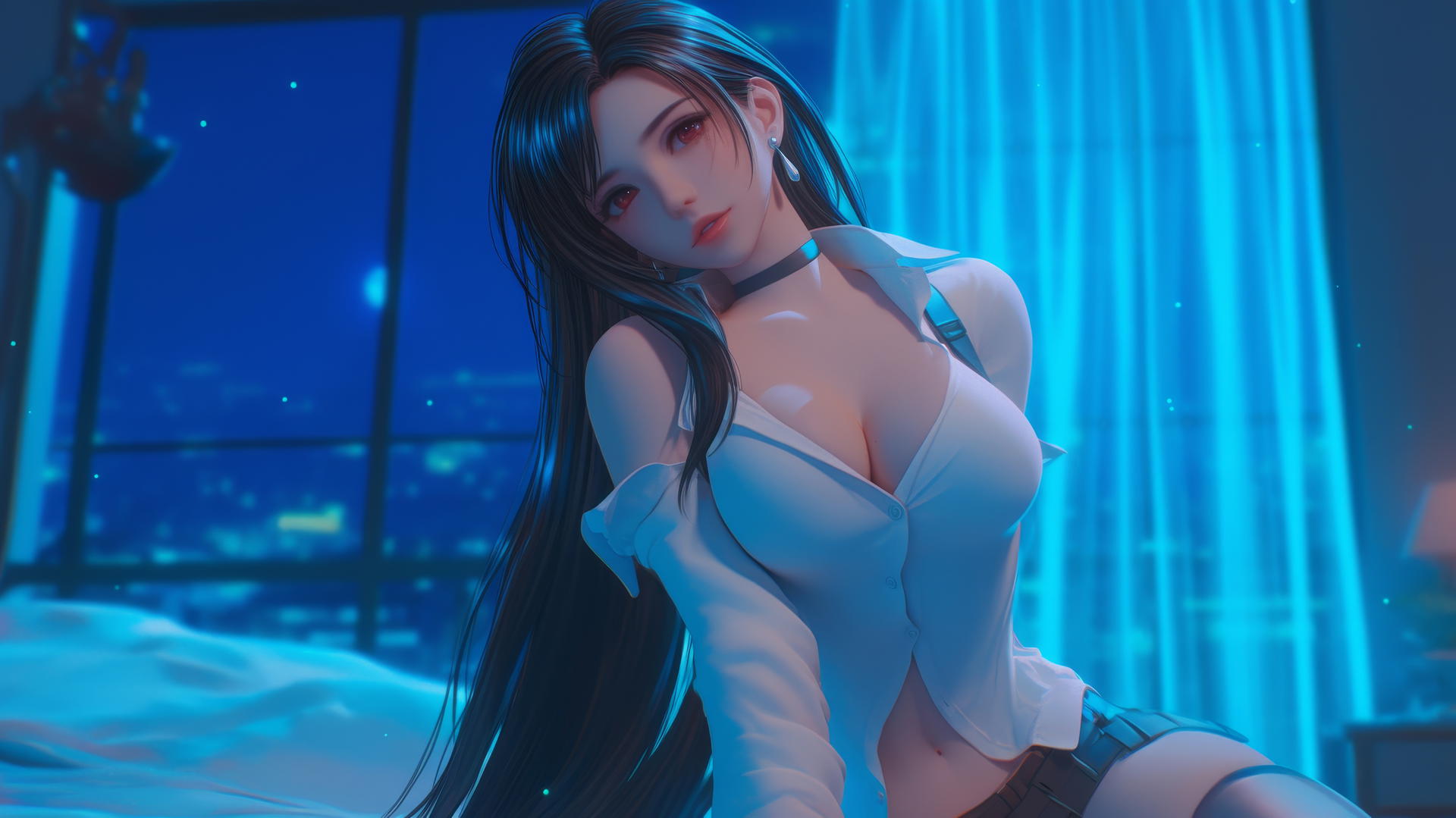 Tifa Lockhart kneeling, wearing a white office shirt, modern hotel neon light