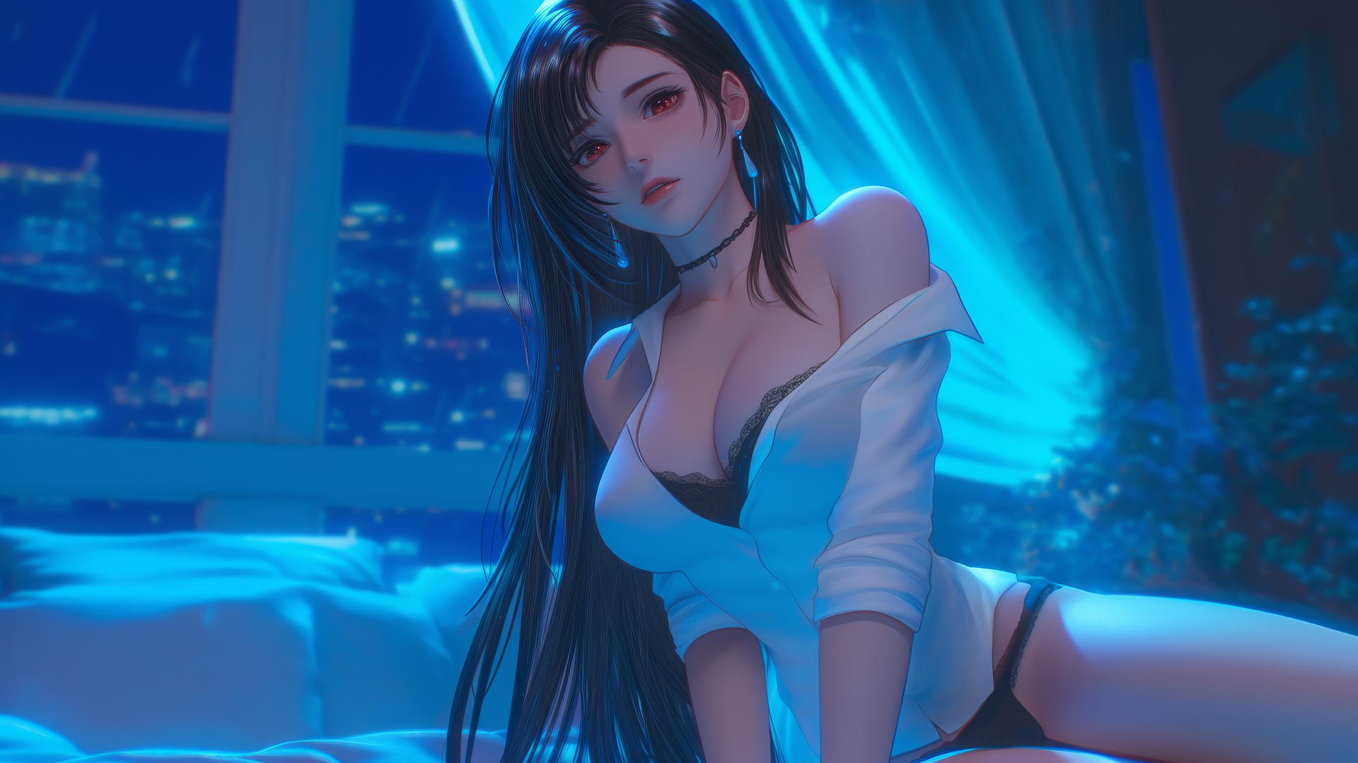 Tifa Lockhart kneeling, looking down, in a white office shirt with neon lighting.