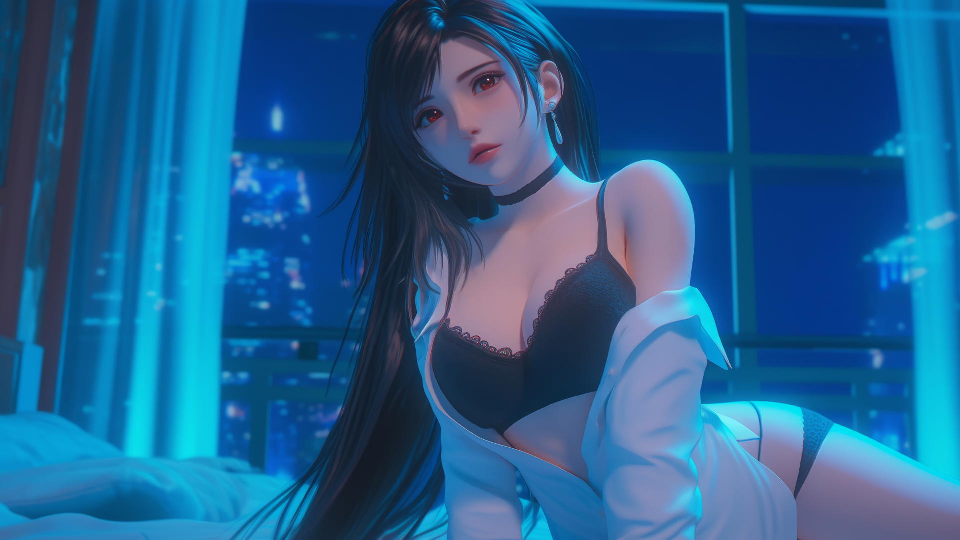 Tifa Lockhart kneeling, wearing a white office shirt, in a modern hotel room with neon light