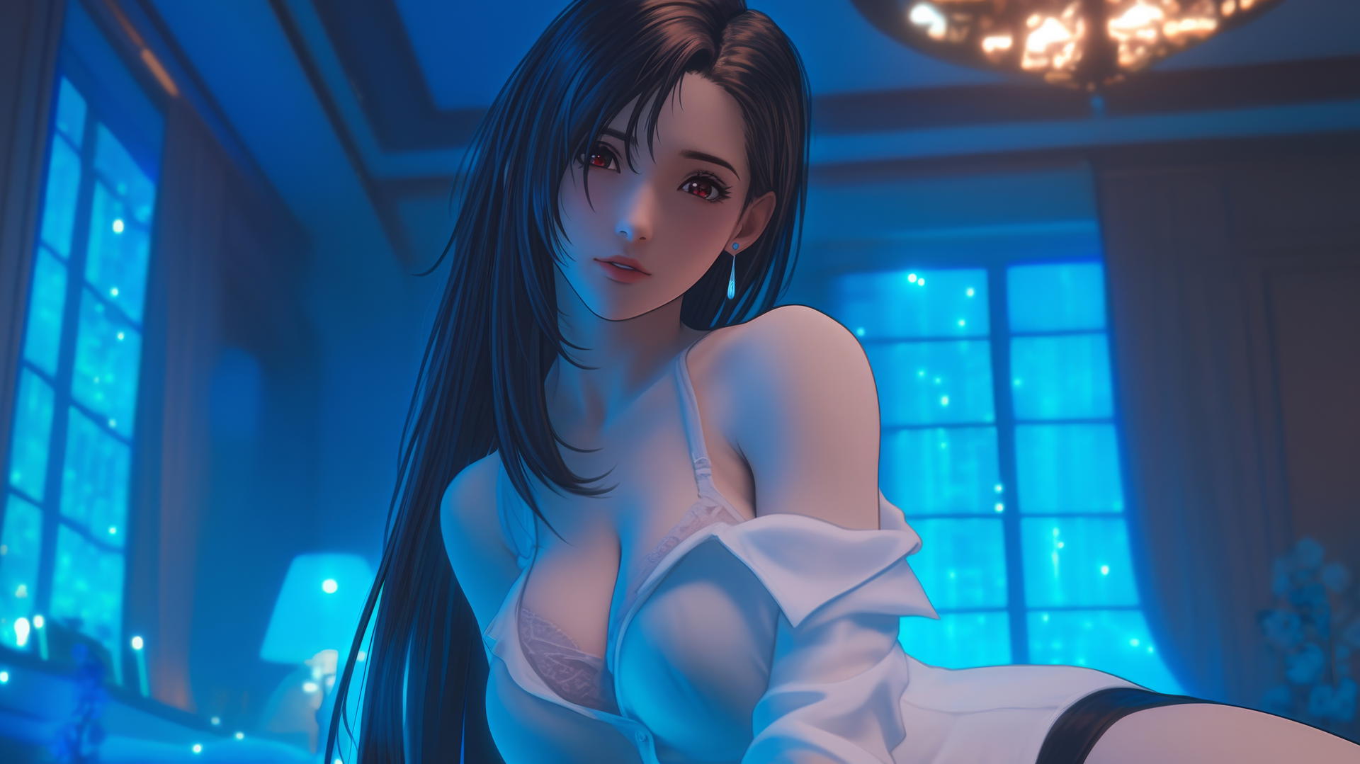 Tifa Lockhart kneeling, wearing a white office shirt, in a neon-lit modern hotel room.