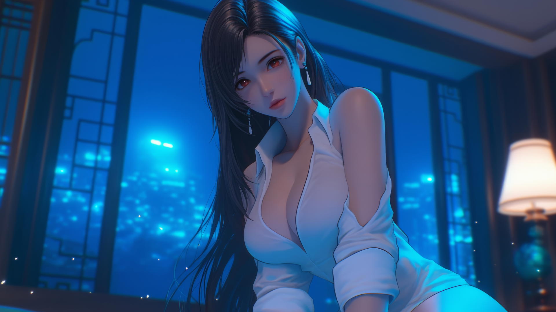 Tifa Lockhart kneeling, wearing a white office shirt, neon-lit modern hotel room.