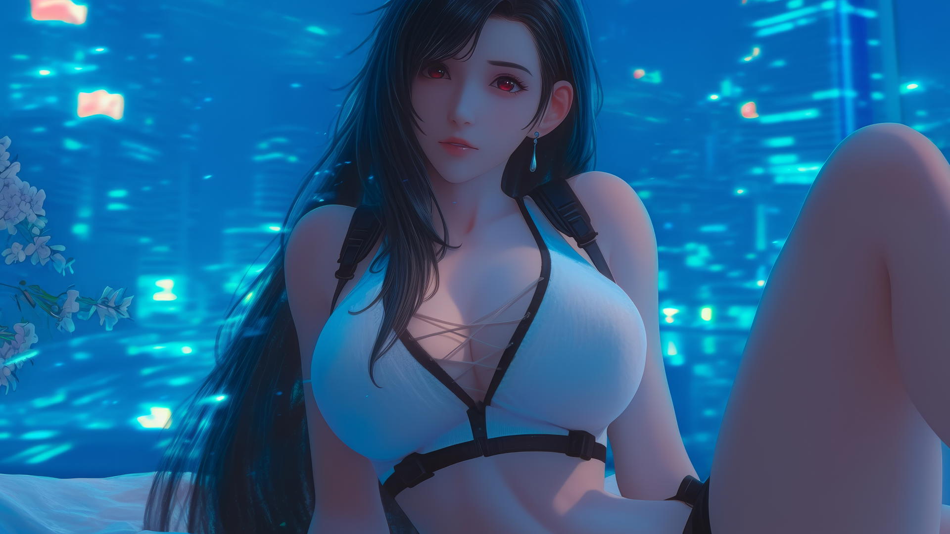 Tifa Lockhart kneeling, looking down with neon light accentuating her figure.