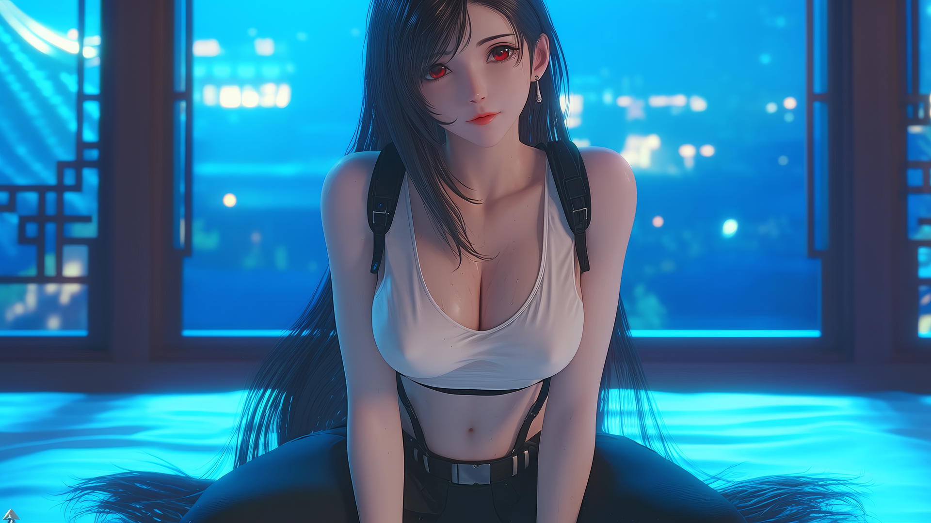 Tifa Lockhart kneeling, seen from below, in neon-lit modern hotel room.