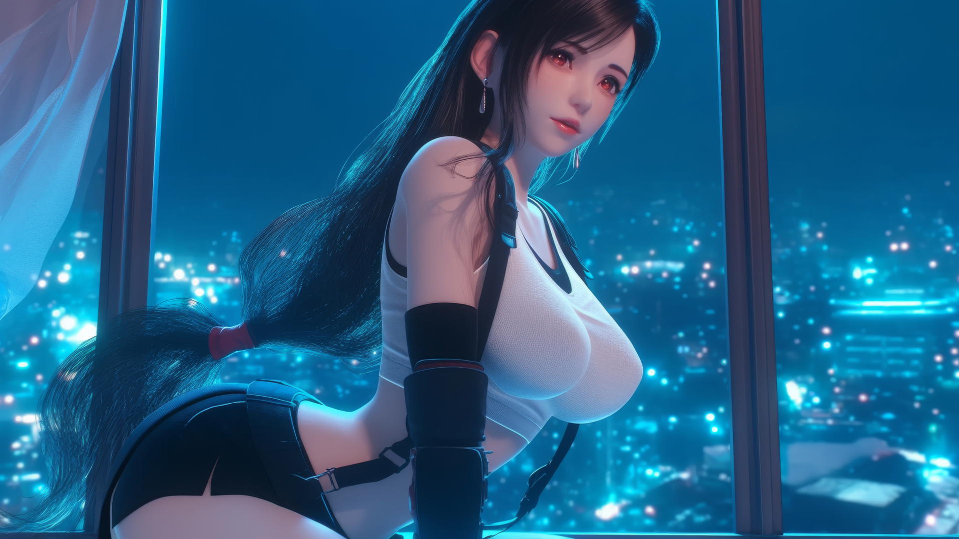 Tifa Lockhart kneeling, neon-lit hotel room, modern setting