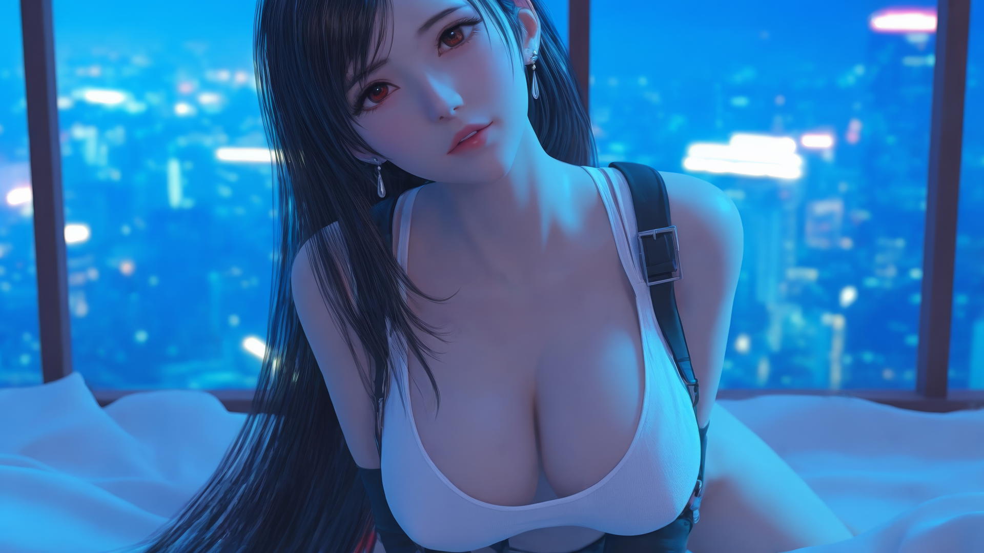 Tifa Lockhart kneeling, viewed from below in a neon-lit modern hotel room