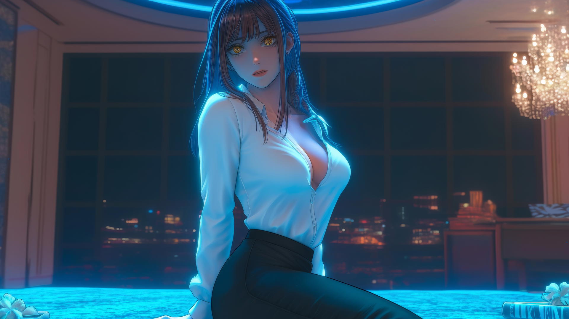 Makima kneeling in a modern hotel room, bathed in neon light