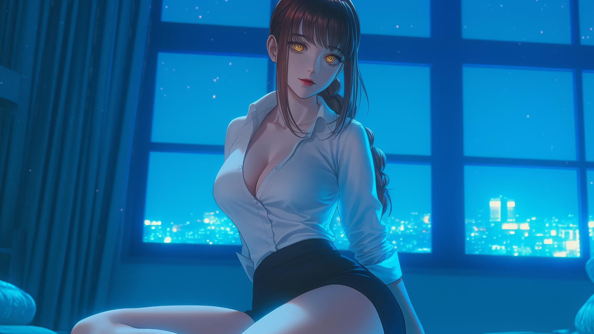 Makima from Chainsaw Man kneeling, looking down in a modern neon-lit hotel room