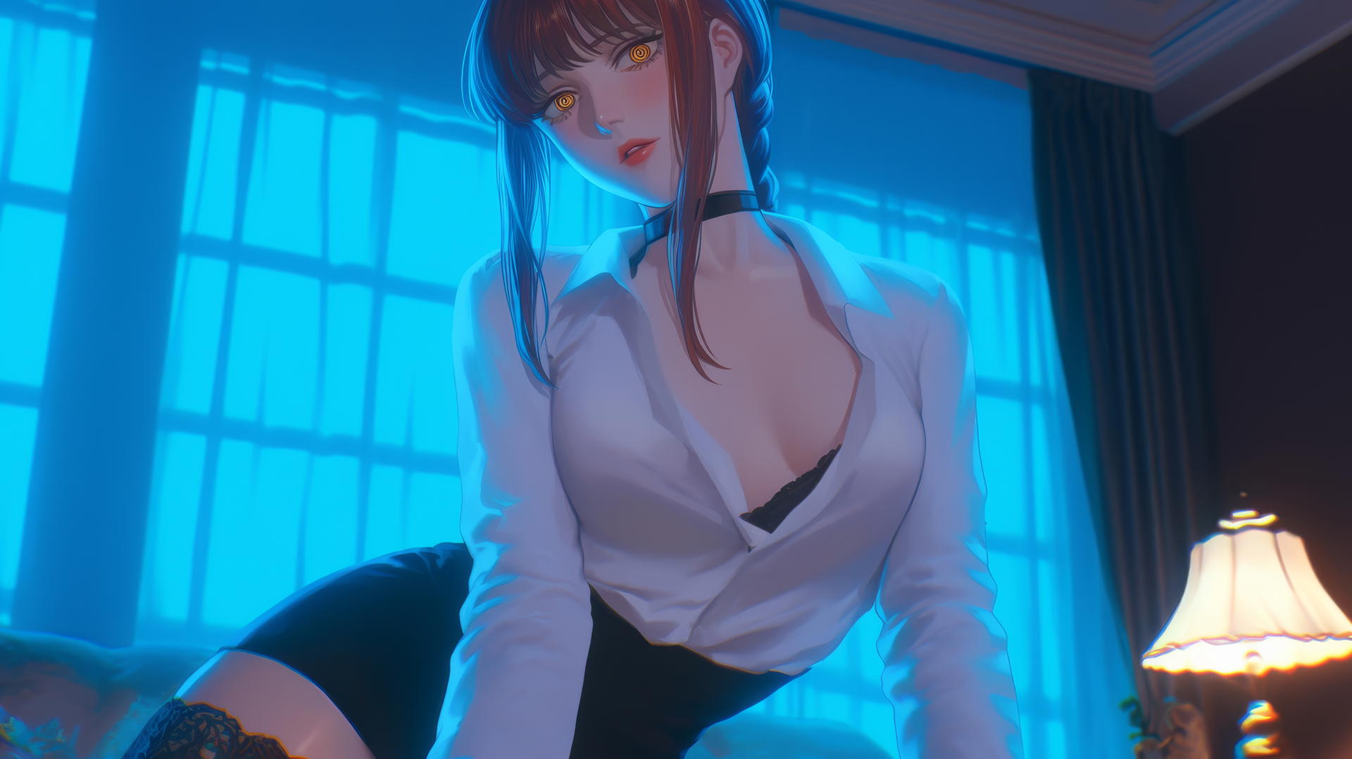 Makima from Chainsaw Man, kneeling, looking down, neon-lit hotel room.
