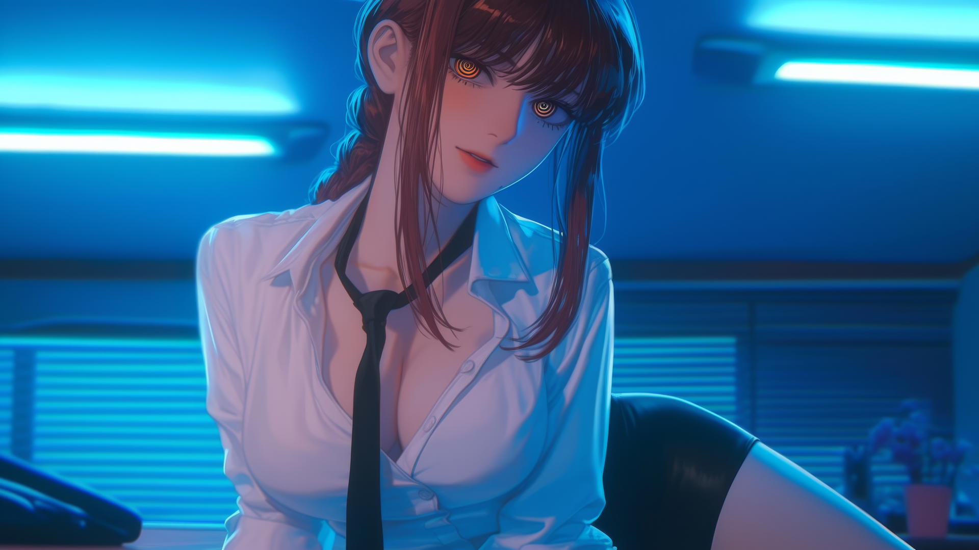 Makima from Chainsaw Man kneeling, looking down, in white office shirt under neon hotel lights