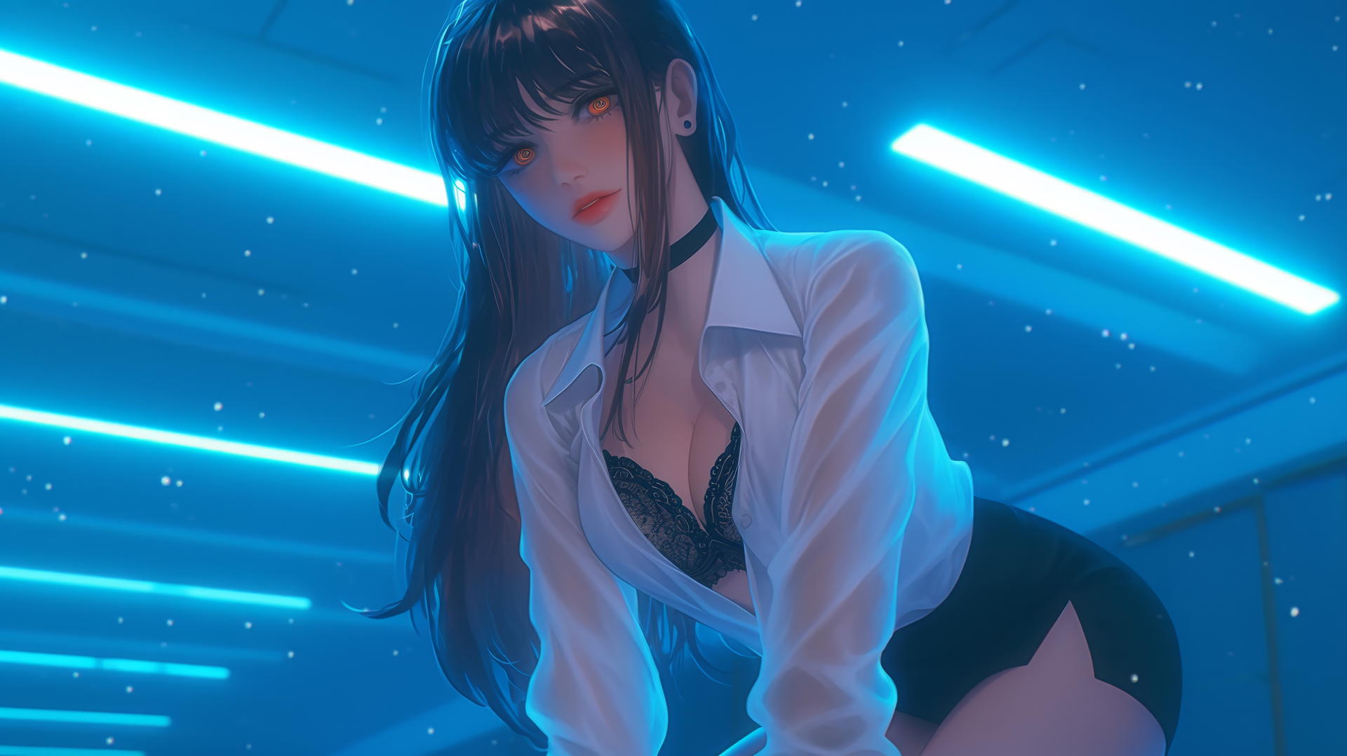 Makima from Chainsaw Man kneeling, looking down, neon-lit modern hotel room.