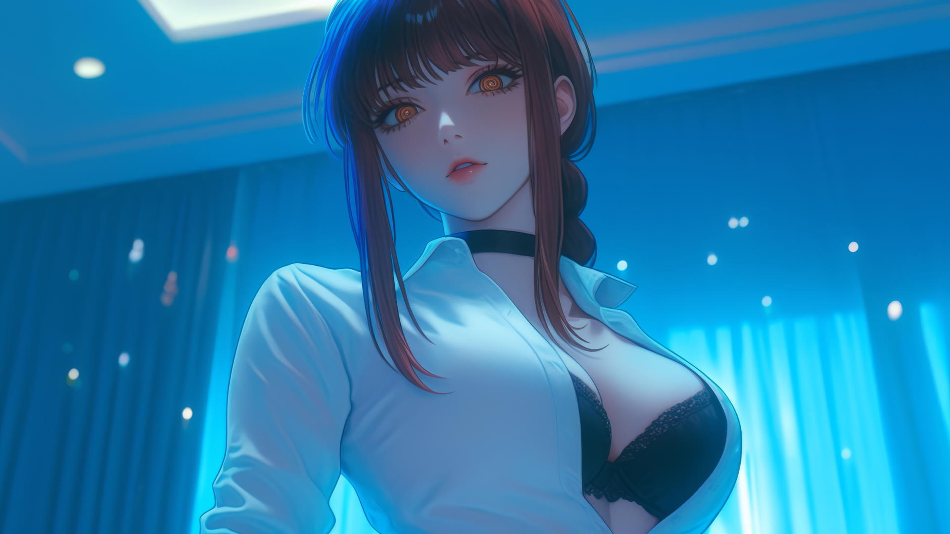 Makima from Chainsaw Man kneeling, viewed from below, in neon-lit hotel room