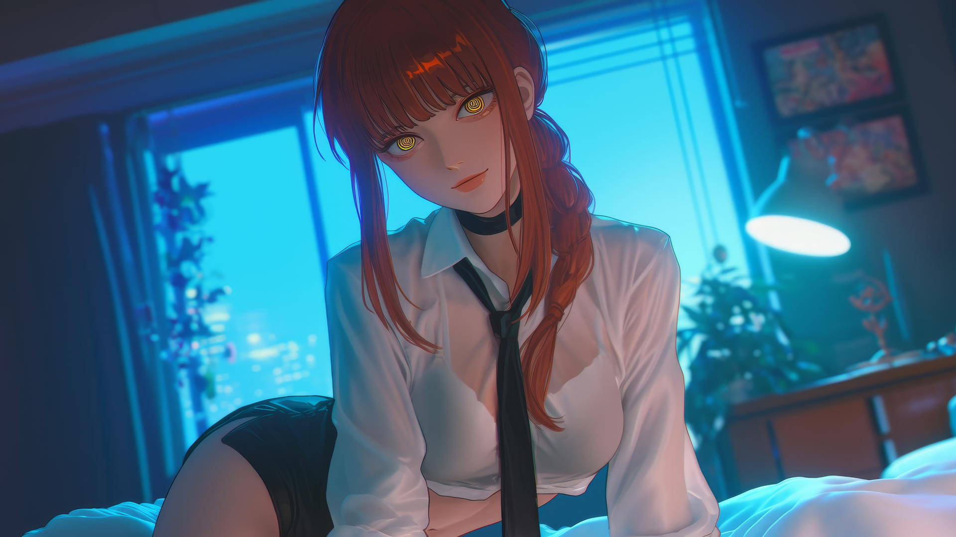 Makima from Chainsaw Man kneeling, neon light of modern hotel room.