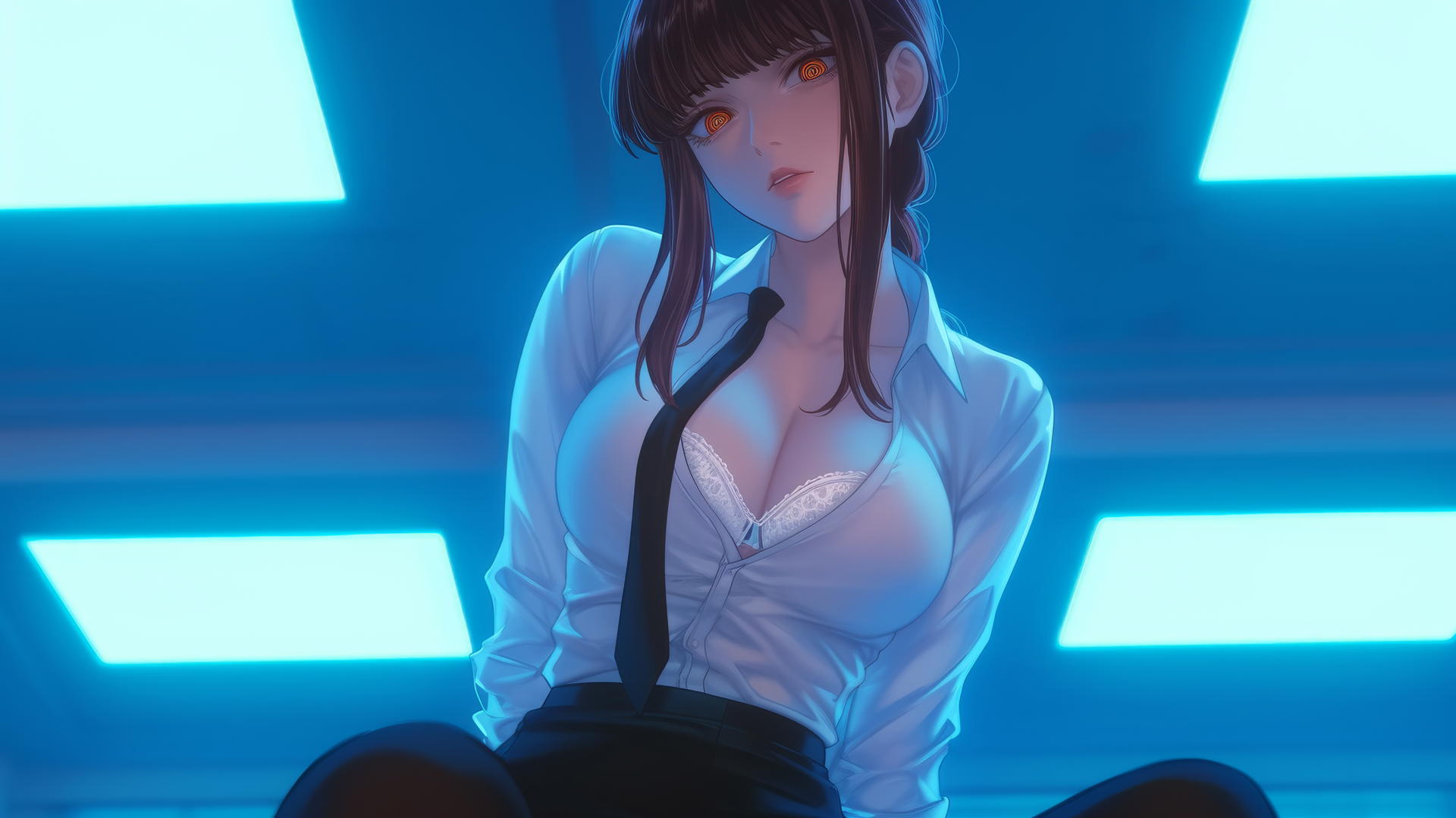 Makima from Chainsaw Man kneeling under neon hotel room lights