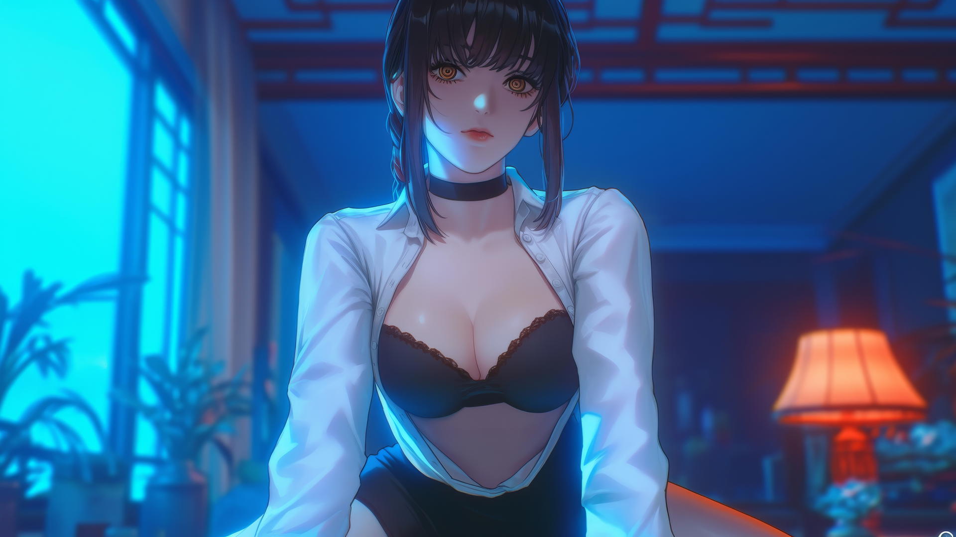 Makima from Chainsaw Man, kneeling and looking down, neon-lit hotel room