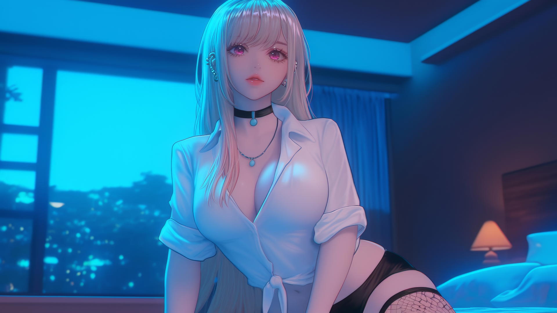Marin Kitagawa kneeling and looking down, neon-lit modern hotel room.