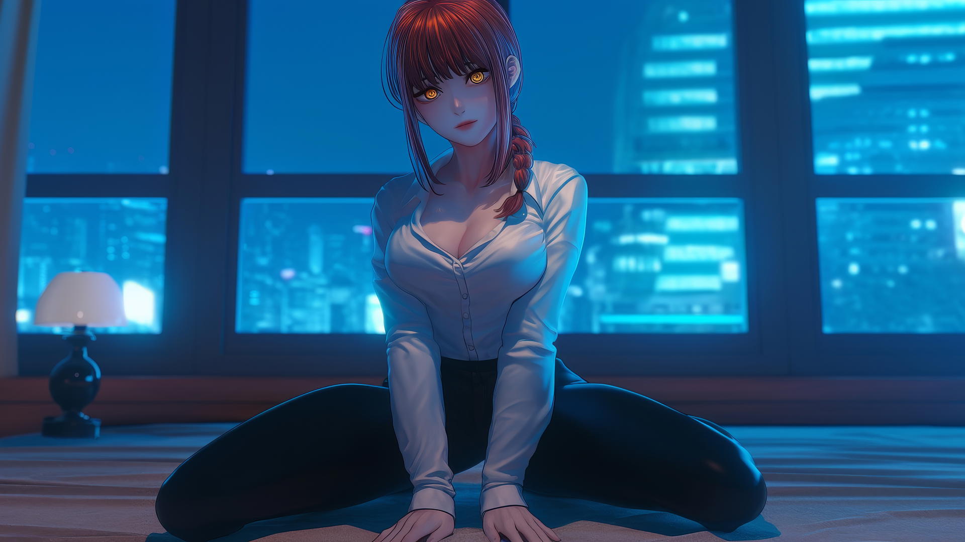 Makima from Chainsaw Man kneeling and looking down, neon-lit hotel room.