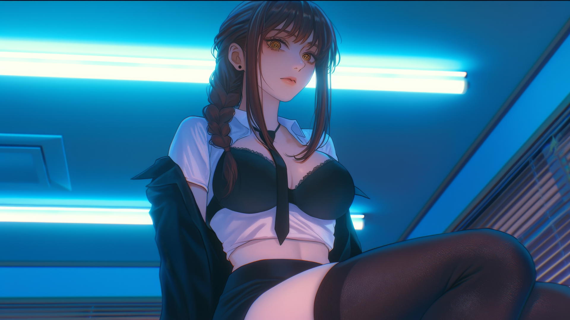 Makima from Chainsaw Man kneeling, neon-lit modern hotel room