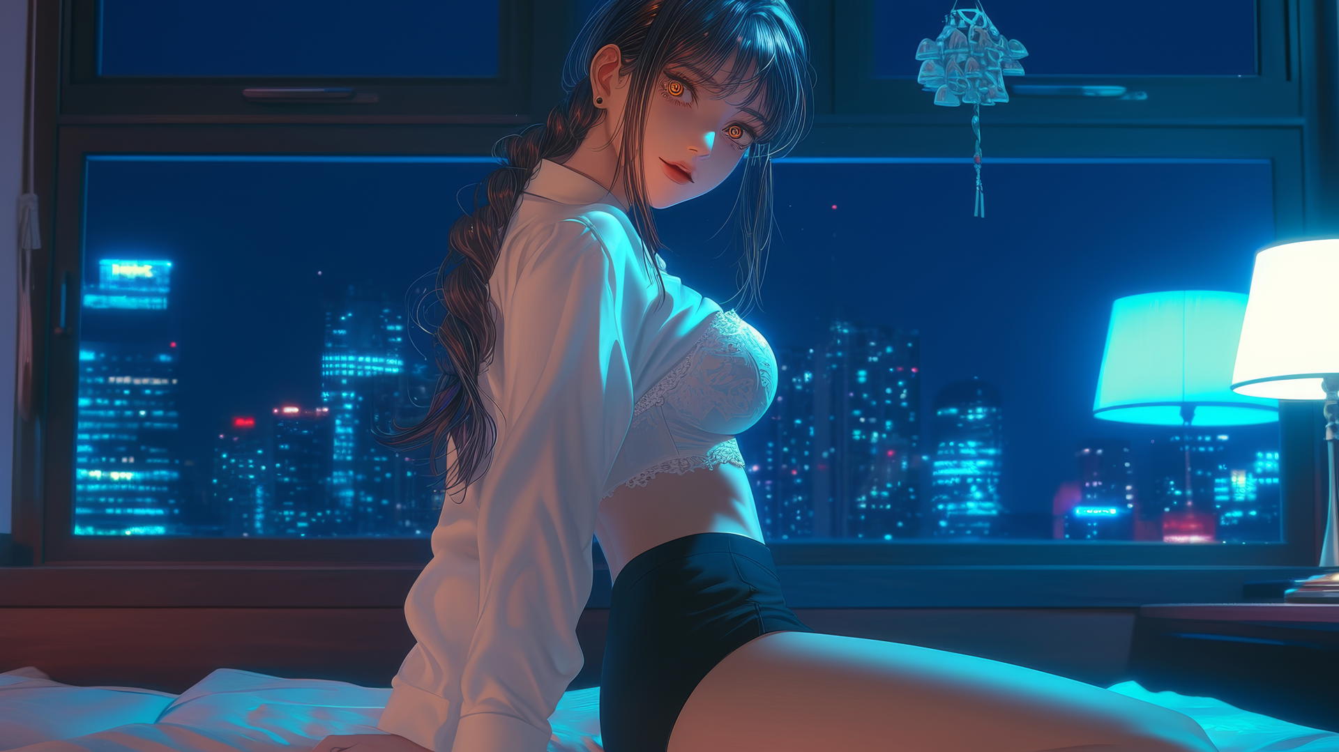 Makima from Chainsaw Man kneeling and looking down in a neon-lit hotel room.