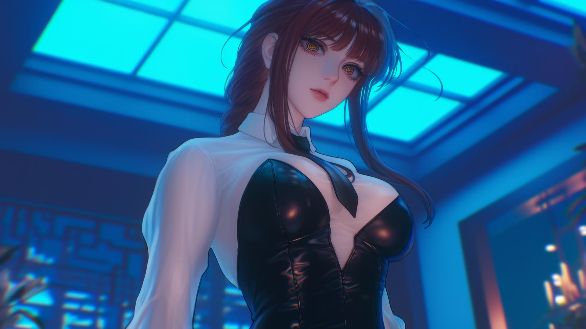 Makima from Chainsaw Man, kneeling, neon-lit modern hotel room
