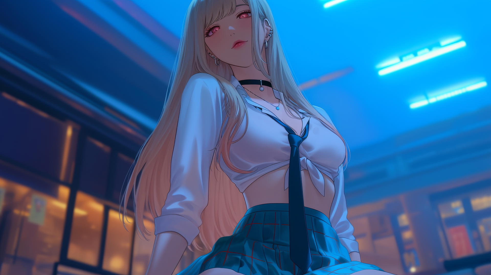Marin Kitagawa kneels and looks down, neon light casting a soft glow in a modern hotel room.