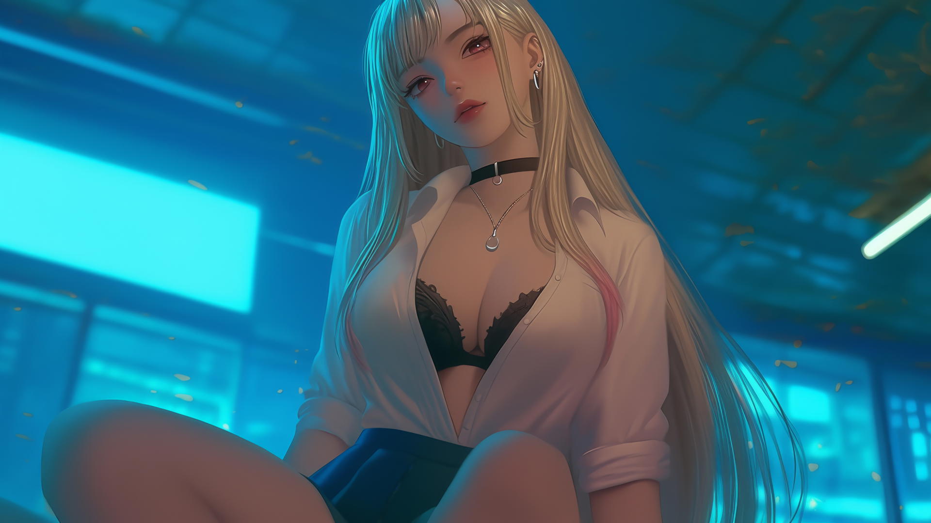 Marin Kitagawa kneeling, looking down with neon light casting a glow