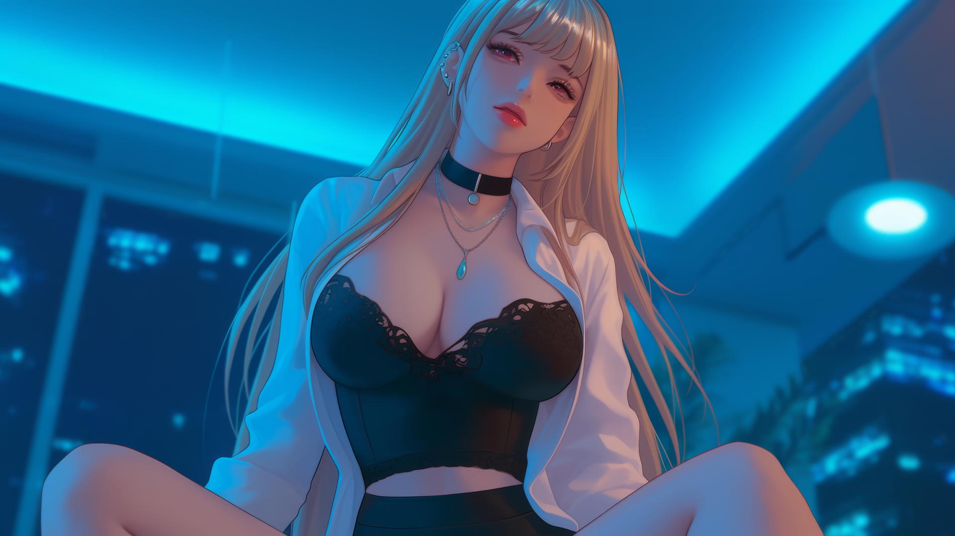 Marin Kitagawa kneeling and looking down with neon light glow, pinkish eyes, and silky blonde hair tipped with pinkish-red or citrus orange.