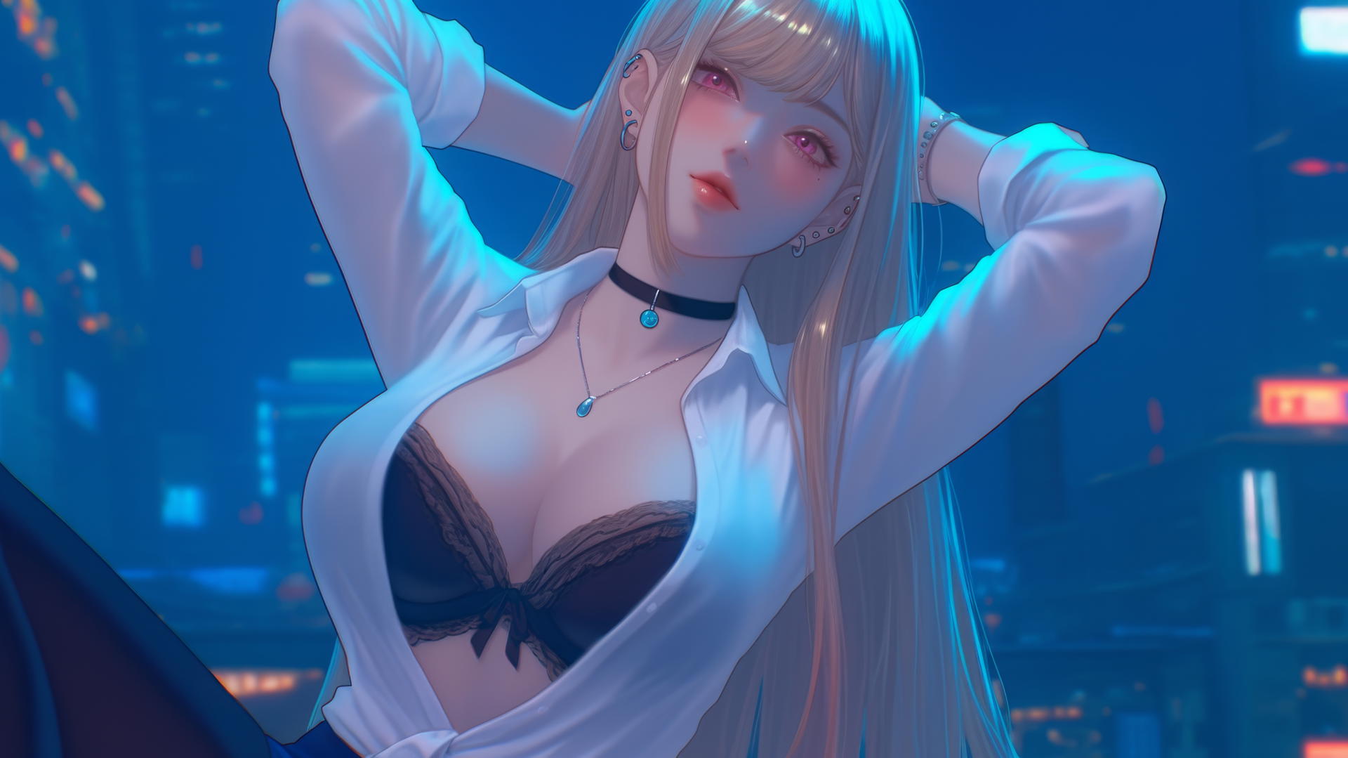 Marin Kitagawa kneeling in a neon-lit hotel room, looking down.