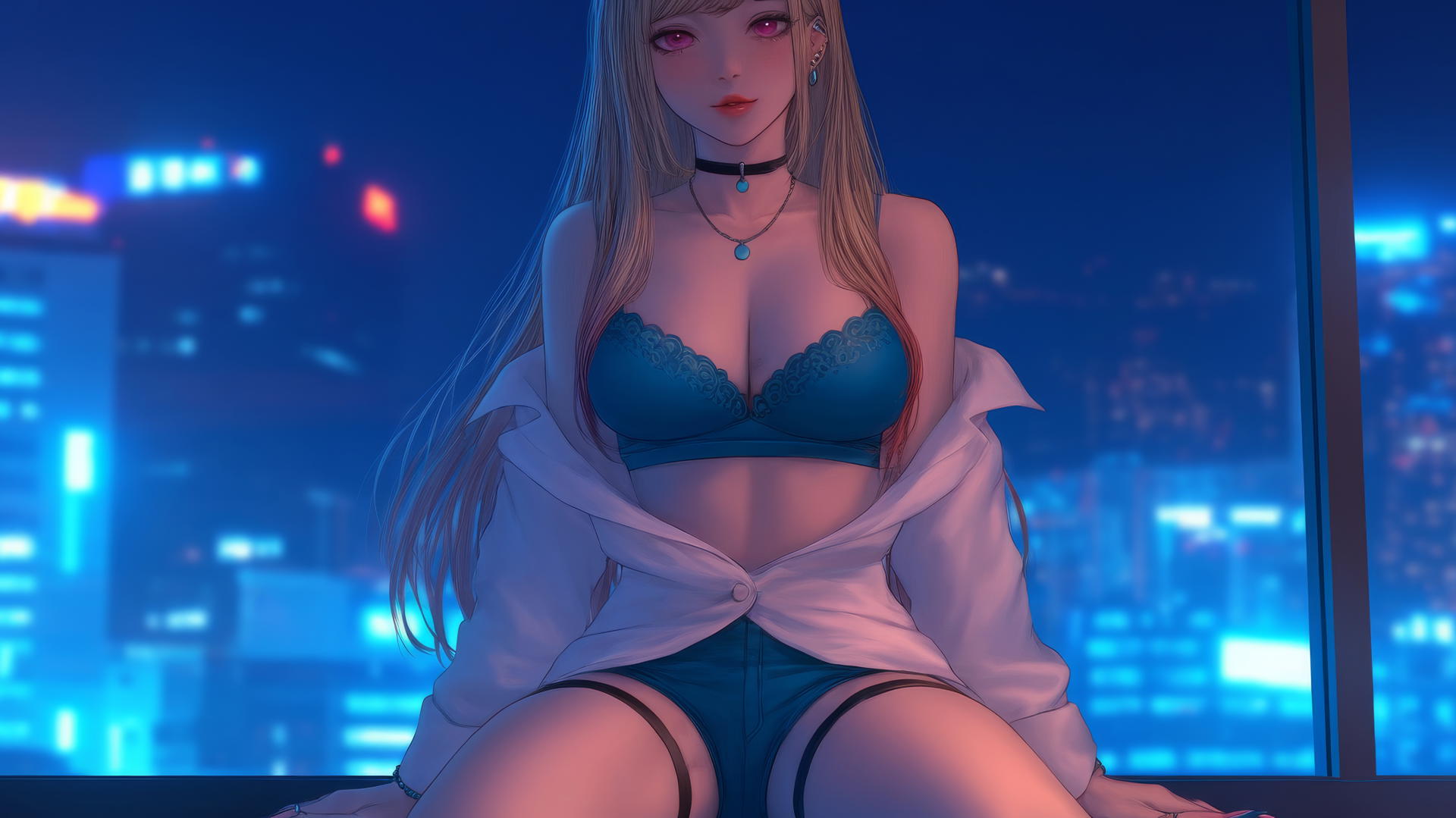 Marin Kitagawa kneeling and looking down, illuminated by neon light in a modern hotel room.