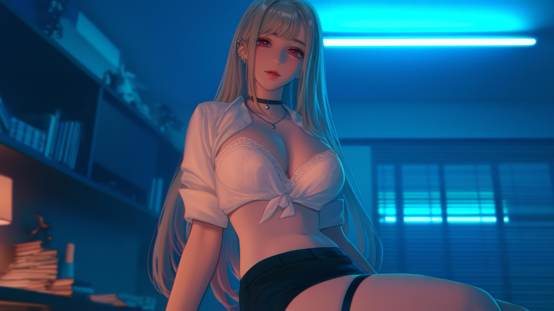 Marin Kitagawa kneeling with neon light in hotel room.