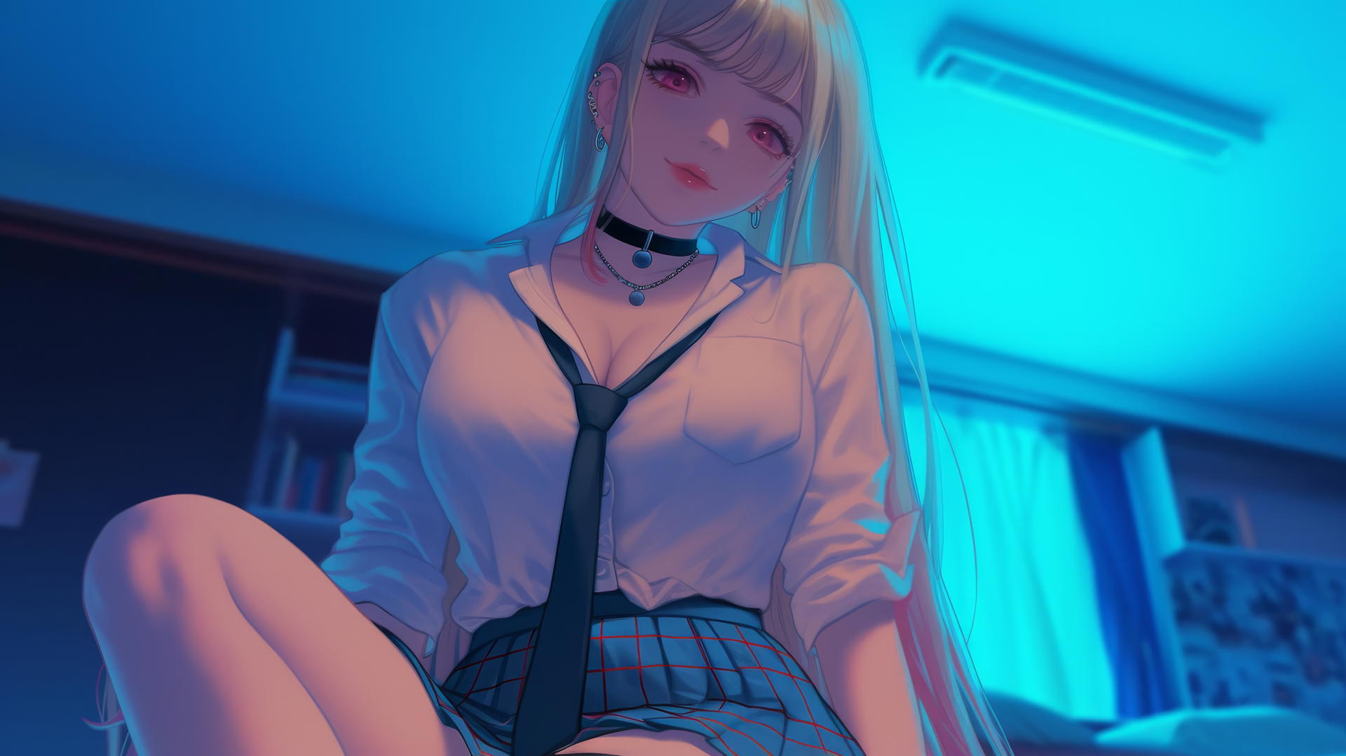 Marin Kitagawa kneeling and looking down with neon hotel light.
