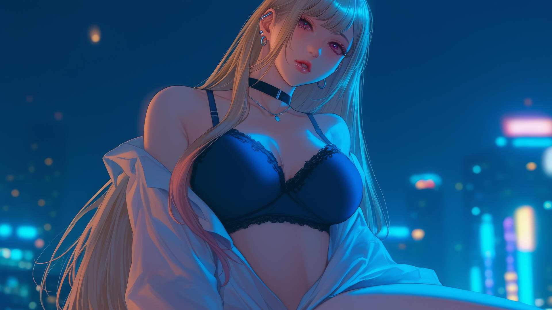 Marin Kitagawa kneeling, looking down, neon-lit hotel room glow.