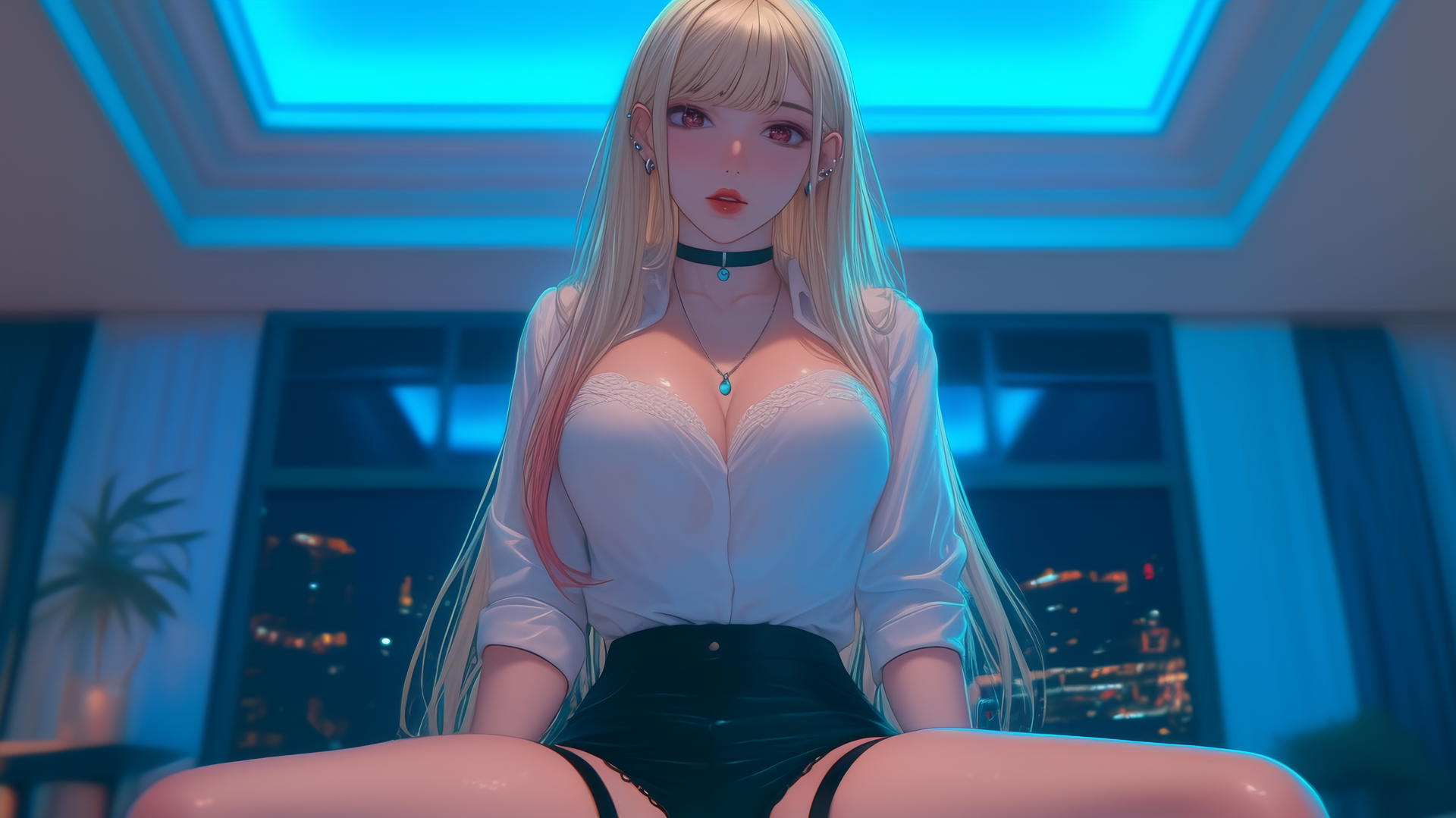 Marin Kitagawa kneeling in a hotel room, neon lights casting a soft glow.