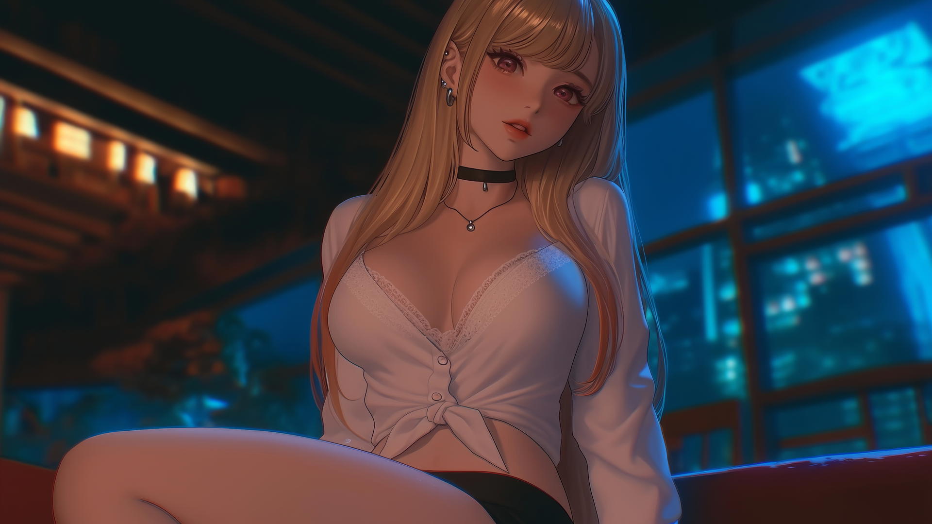 Marin Kitagawa kneeling in a modern hotel room with neon lighting