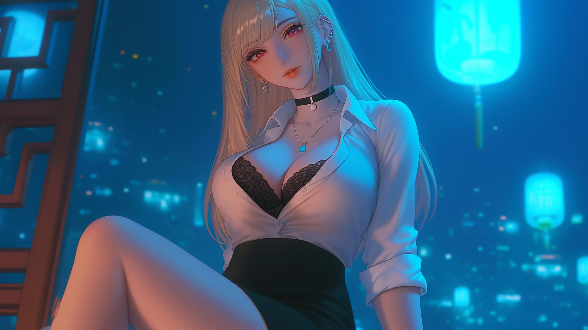 Marin Kitagawa kneeling, looking down in neon-lit modern hotel room.