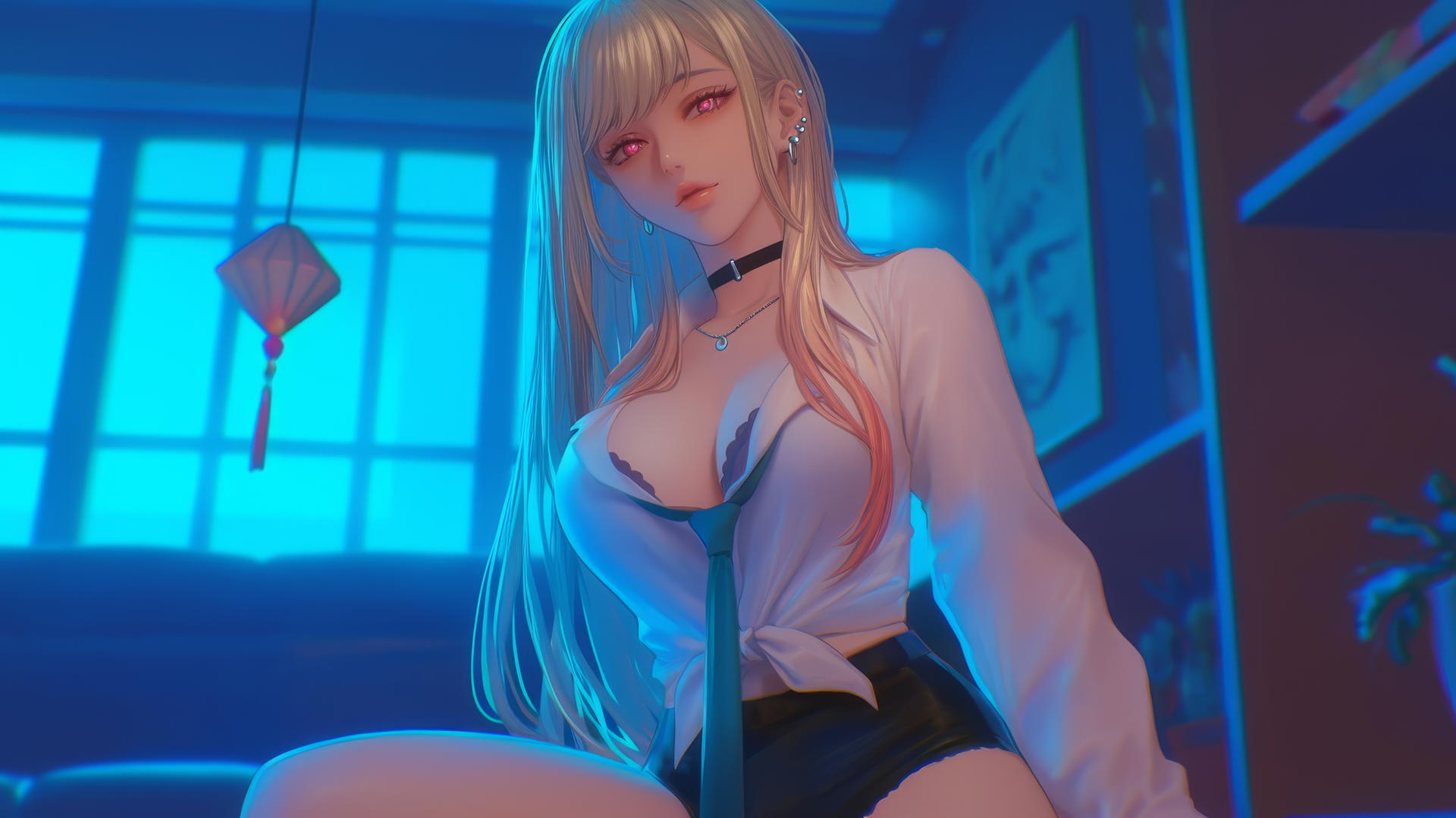 Marin Kitagawa kneeling, looking down, neon-lit hotel room, silky blonde hair with pink tips, pinkish eyes