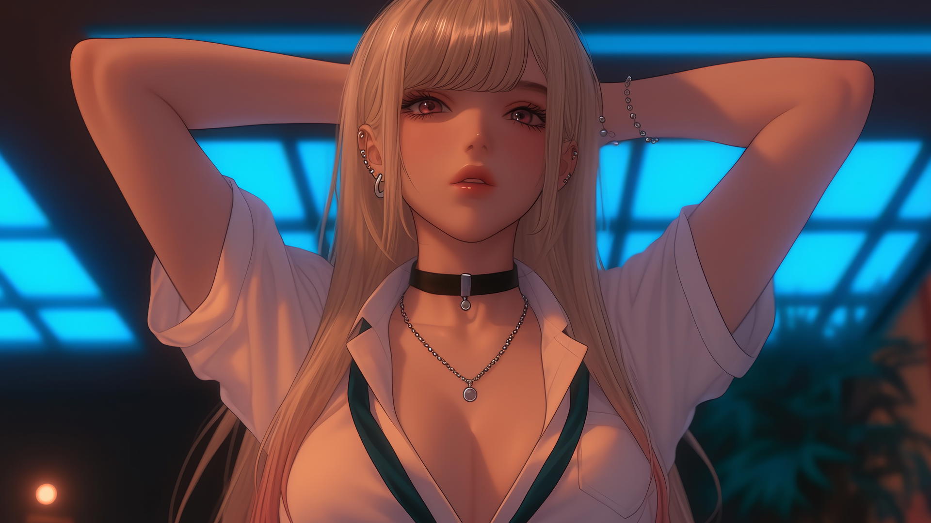 Marin Kitagawa kneeling, neon-lit modern hotel room, blonde hair with pink-red tips.