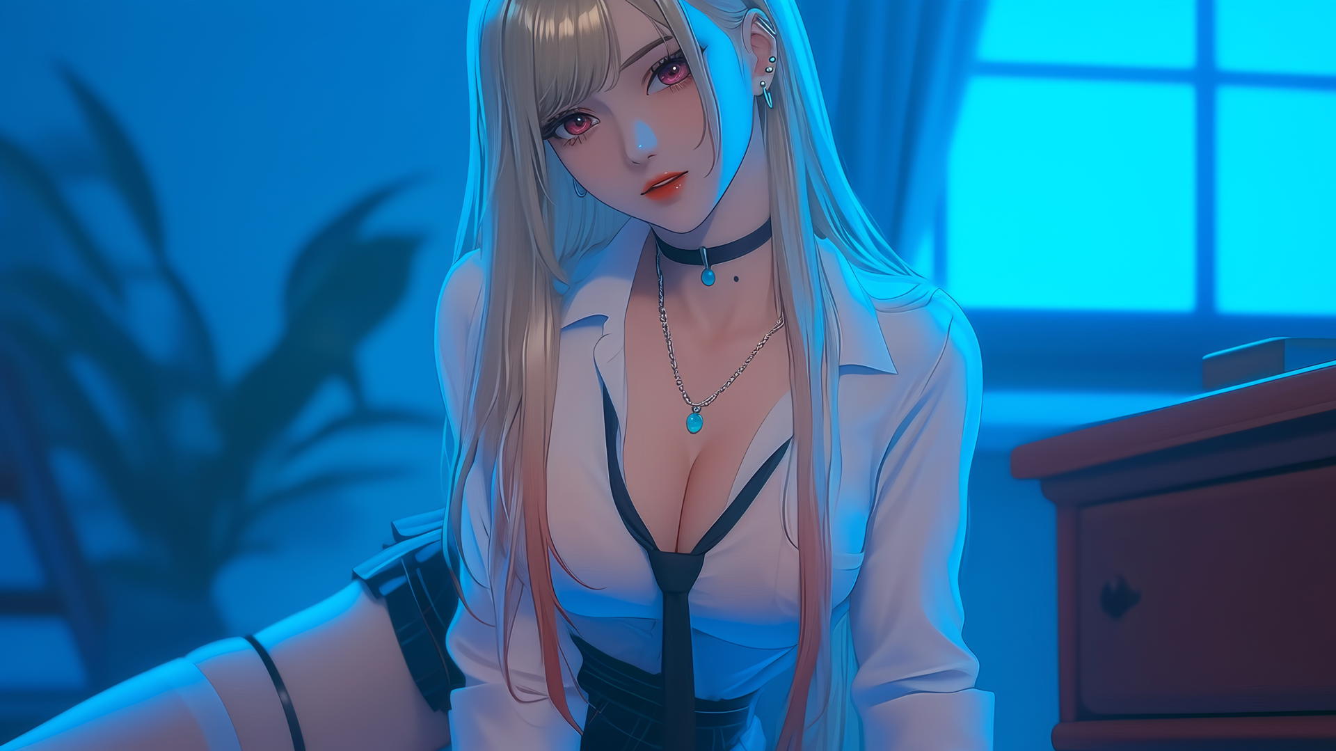 Marin Kitagawa kneeling, neon-lit hotel room with pinkish eyes and blonde hair.