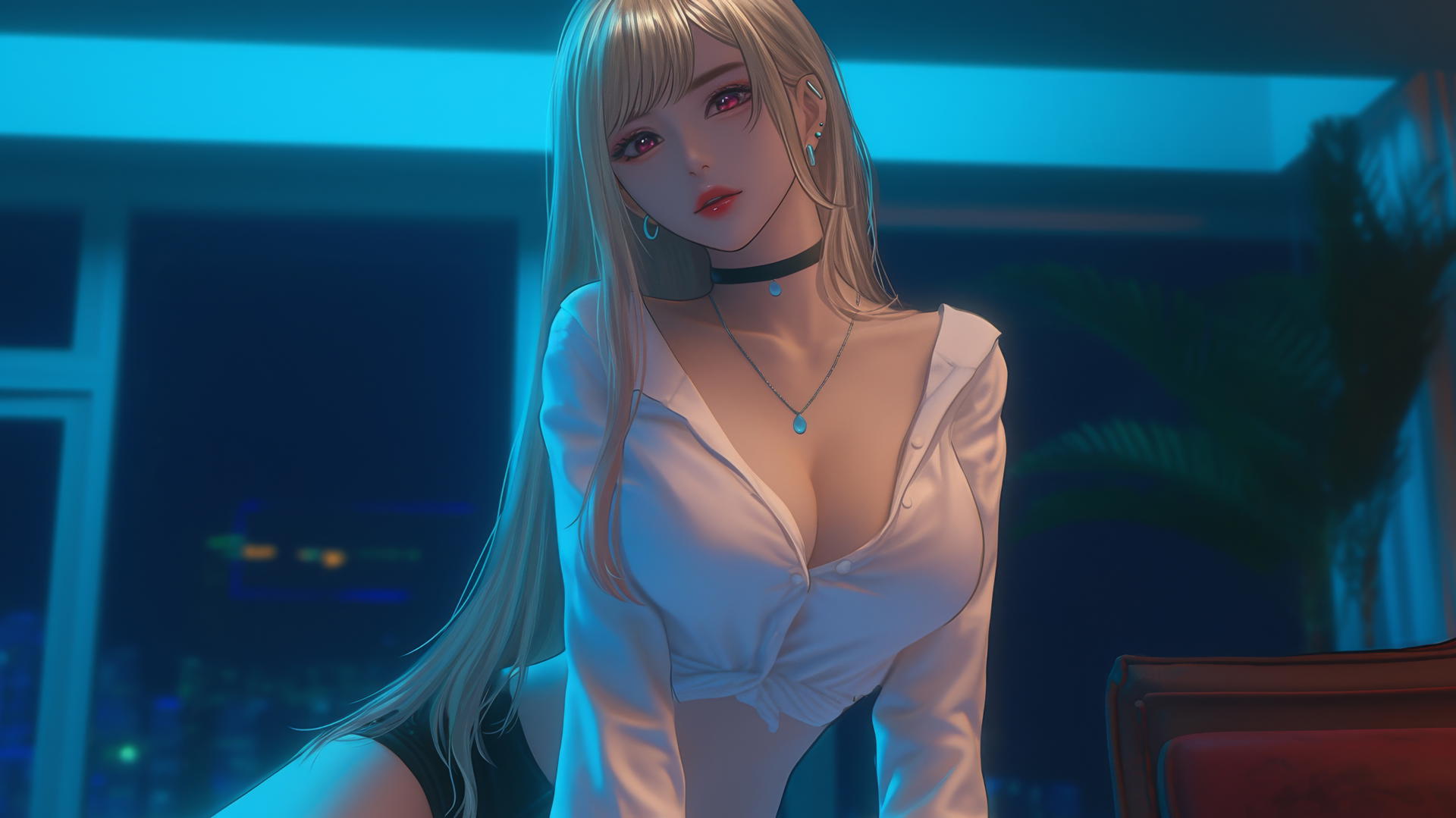 Marin Kitagawa kneeling in a neon-lit modern hotel room.