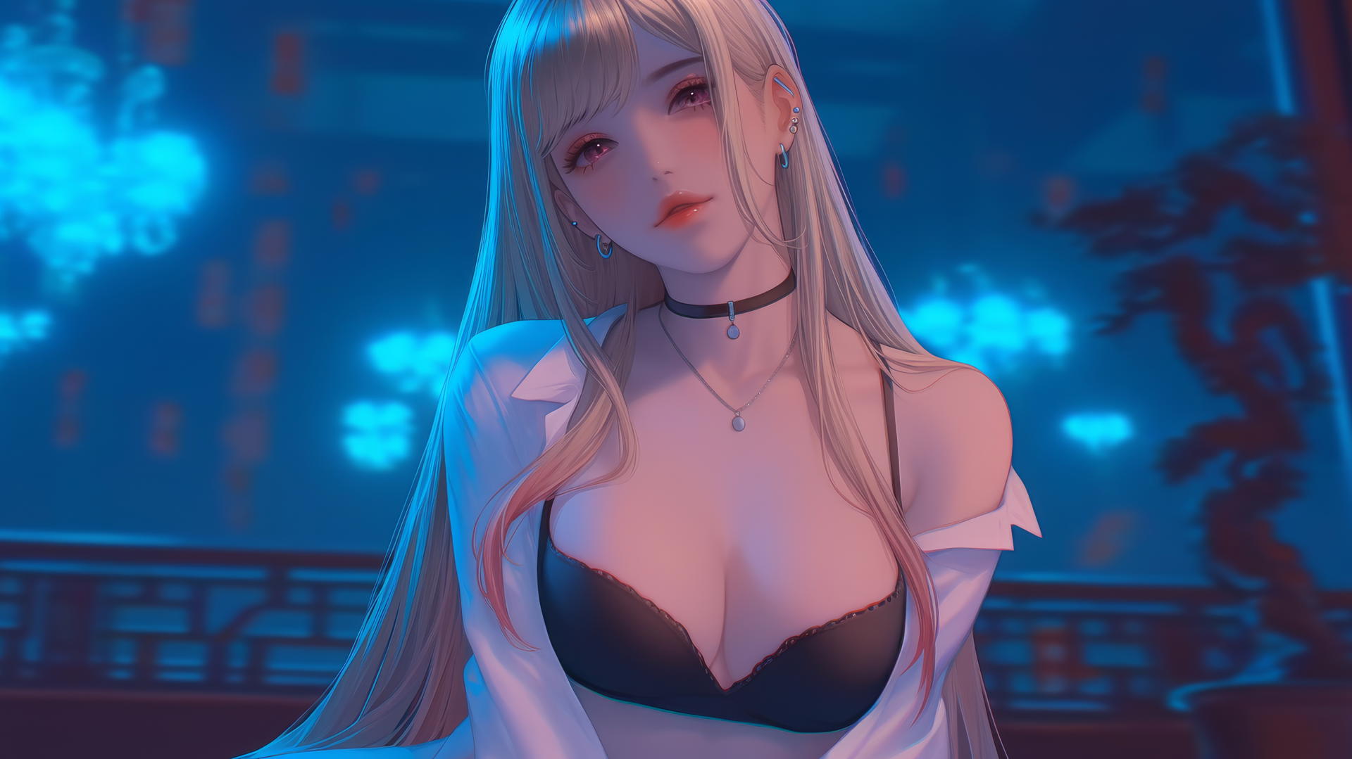 Marin Kitagawa kneeling, looking down with neon-lit glow, blonde hair tipped with pink, pink eyes.