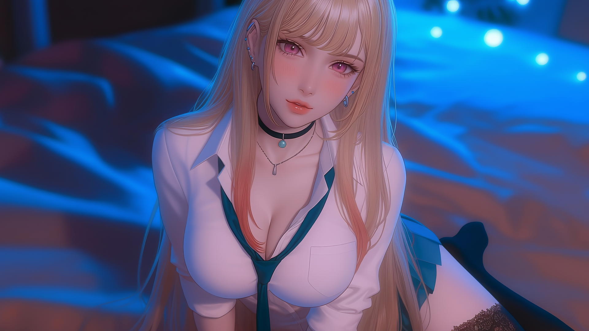 Marin Kitagawa kneeling in modern hotel room with neon light glow