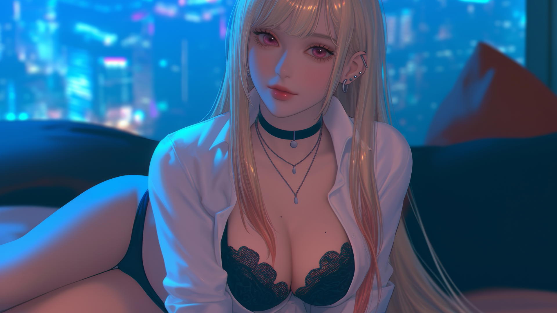 Marin Kitagawa kneeling and looking up in neon-lit modern hotel room