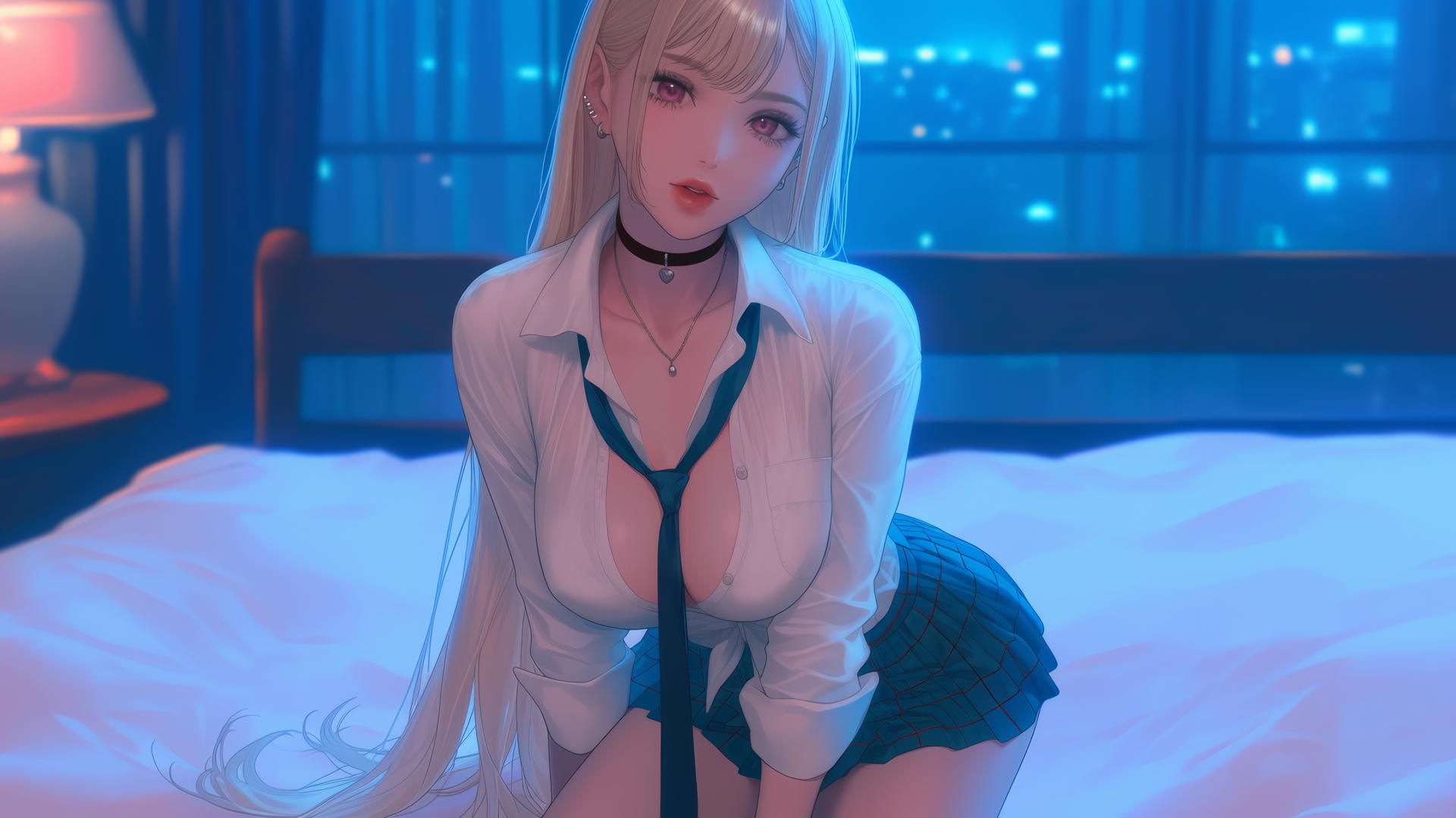 Marin Kitagawa kneeling, looking up in a neon-lit modern hotel room