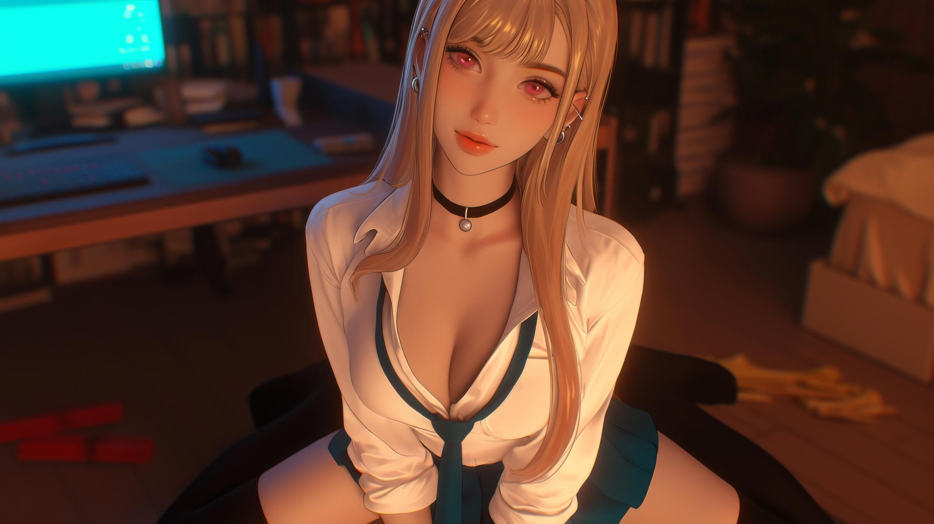 Marin Kitagawa seen from above, kneeling, with neon light illuminating her.