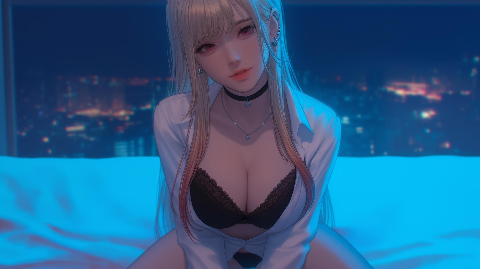 Marin Kitagawa kneeling in a modern hotel room, neon light glow