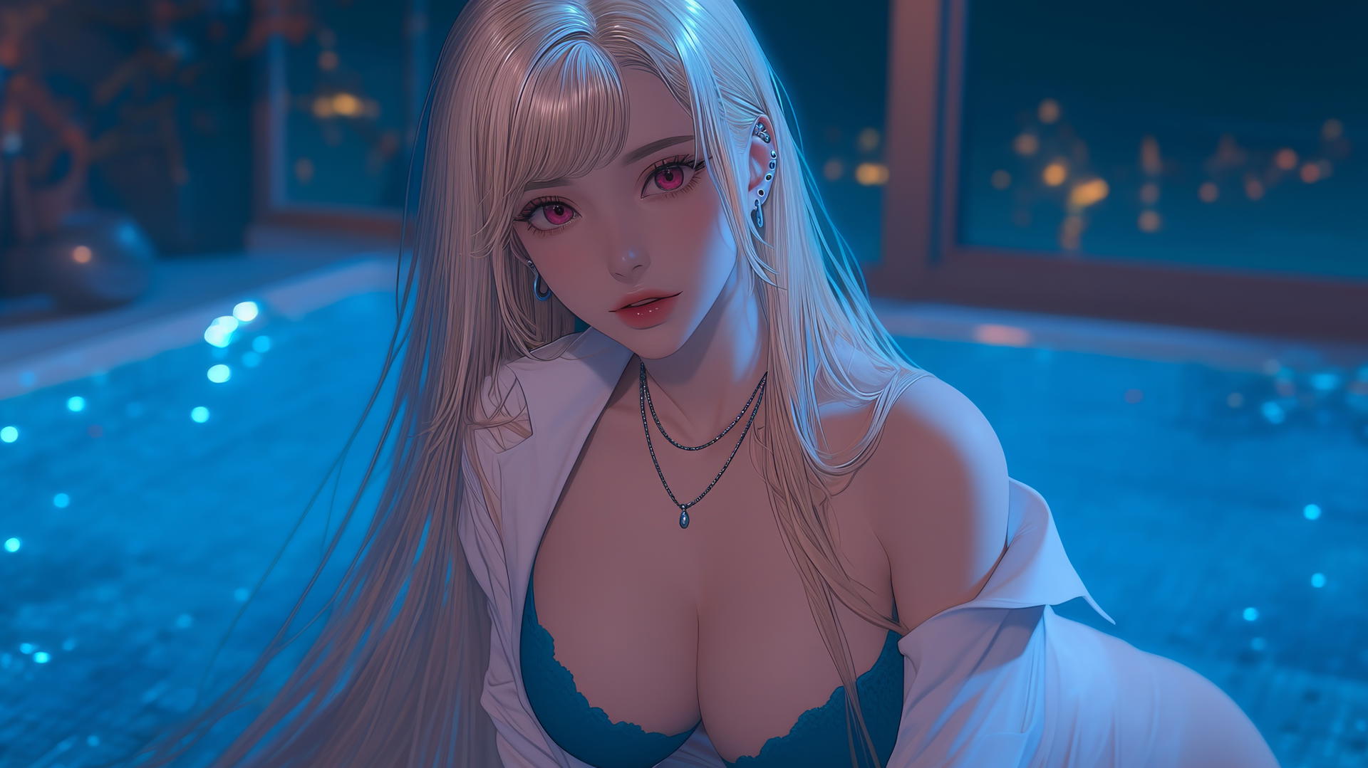 Marin Kitagawa kneeling and looking up in a modern hotel room, neon light glow.