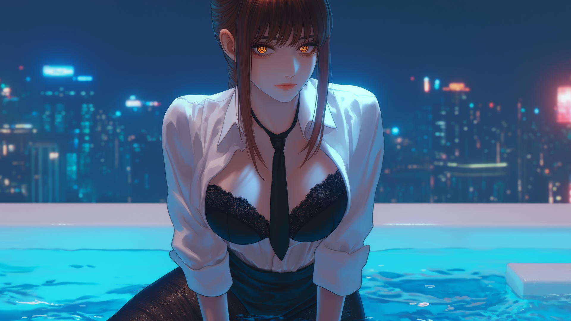 Makima from Chainsaw Man kneeling and looking up in neon-lit modern hotel room.