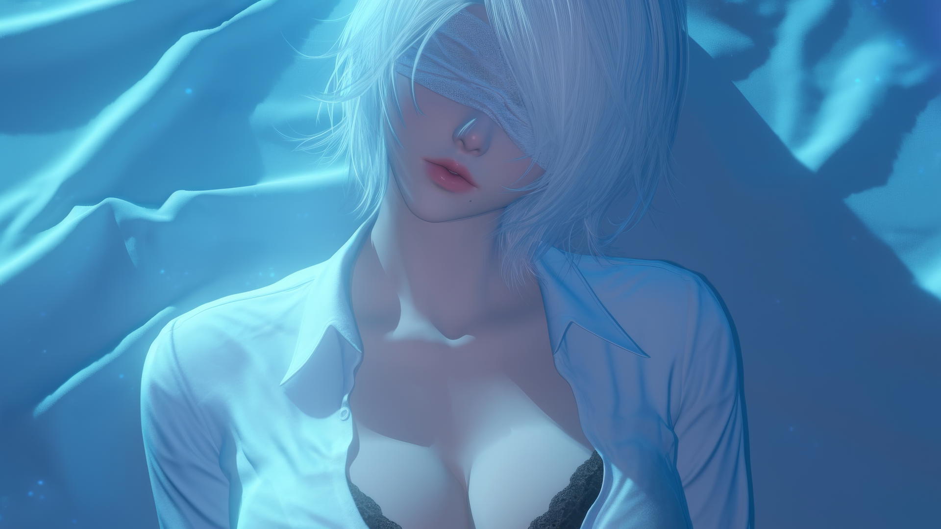 2B from Nier in a white office shirt, looking up with a blindfold, neon-lit modern hotel room.